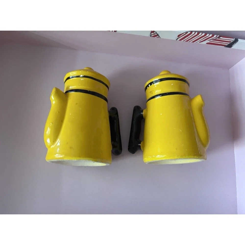 Vtg Yellow Coffee Tea Pot  Salt & Pepper Shakers Japan w/Business Logo